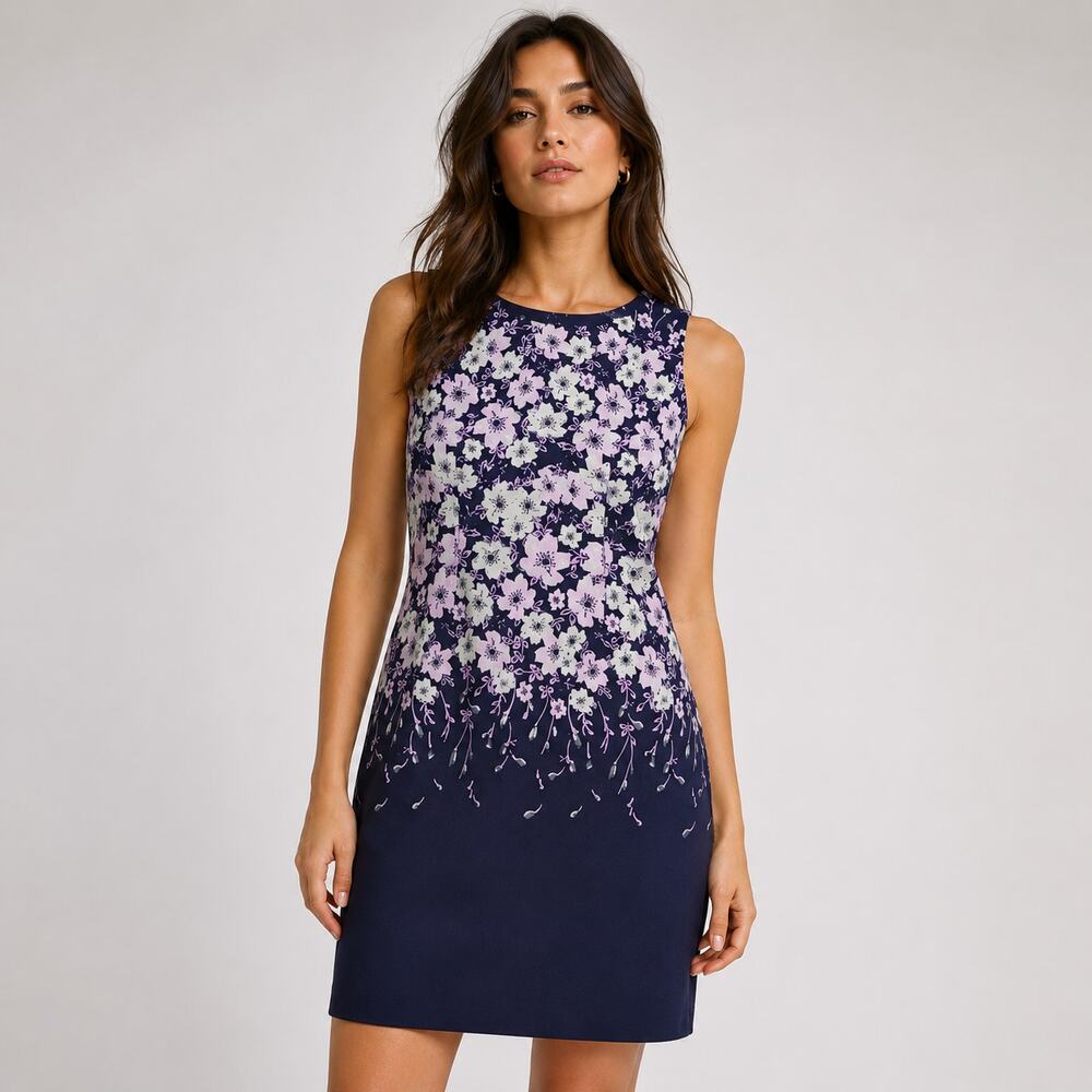 Talbots Sheath Dress Navy Floral Sleeveless Career Office Siren Size 10